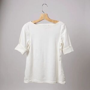 Lauren Ralph Lauren Petite M Stretch Bateau Shirt Top White Short Sleeve Career